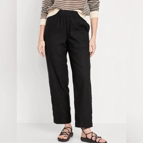 NWT! Old Navy Women’s Black High-Waisted Linen-Blend Straight Pants 🛝 - Picture 1 of 7